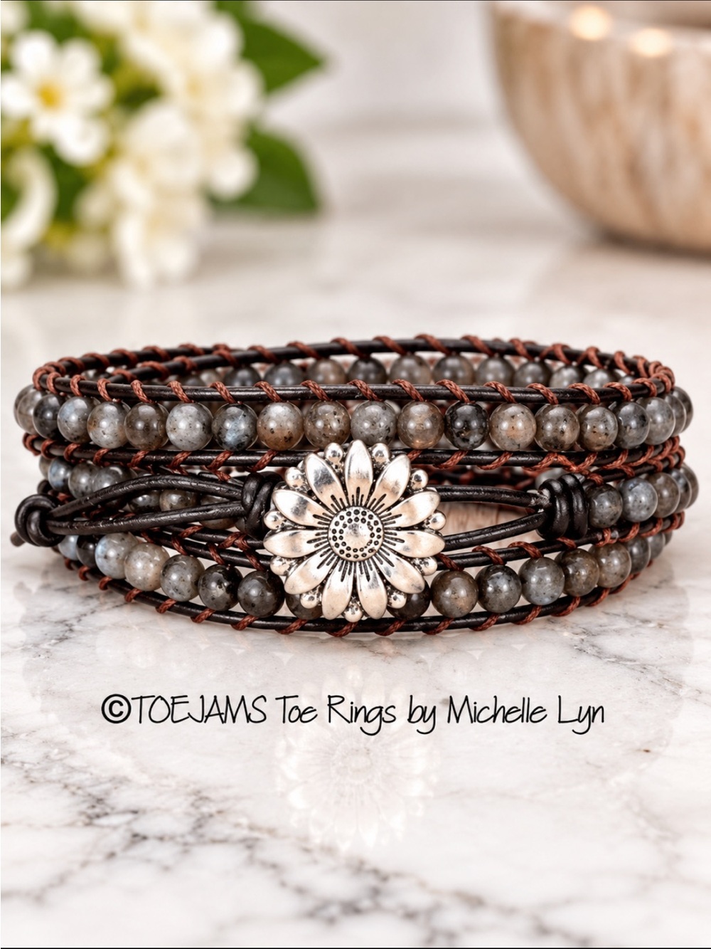 FRIENDSHIP BRACELET Daisy Button Leather and Quartz Adjustable Wrap Hand…